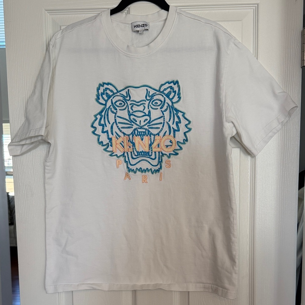 Kenzo White Tee with Teal and Peach Tiger Embroidery